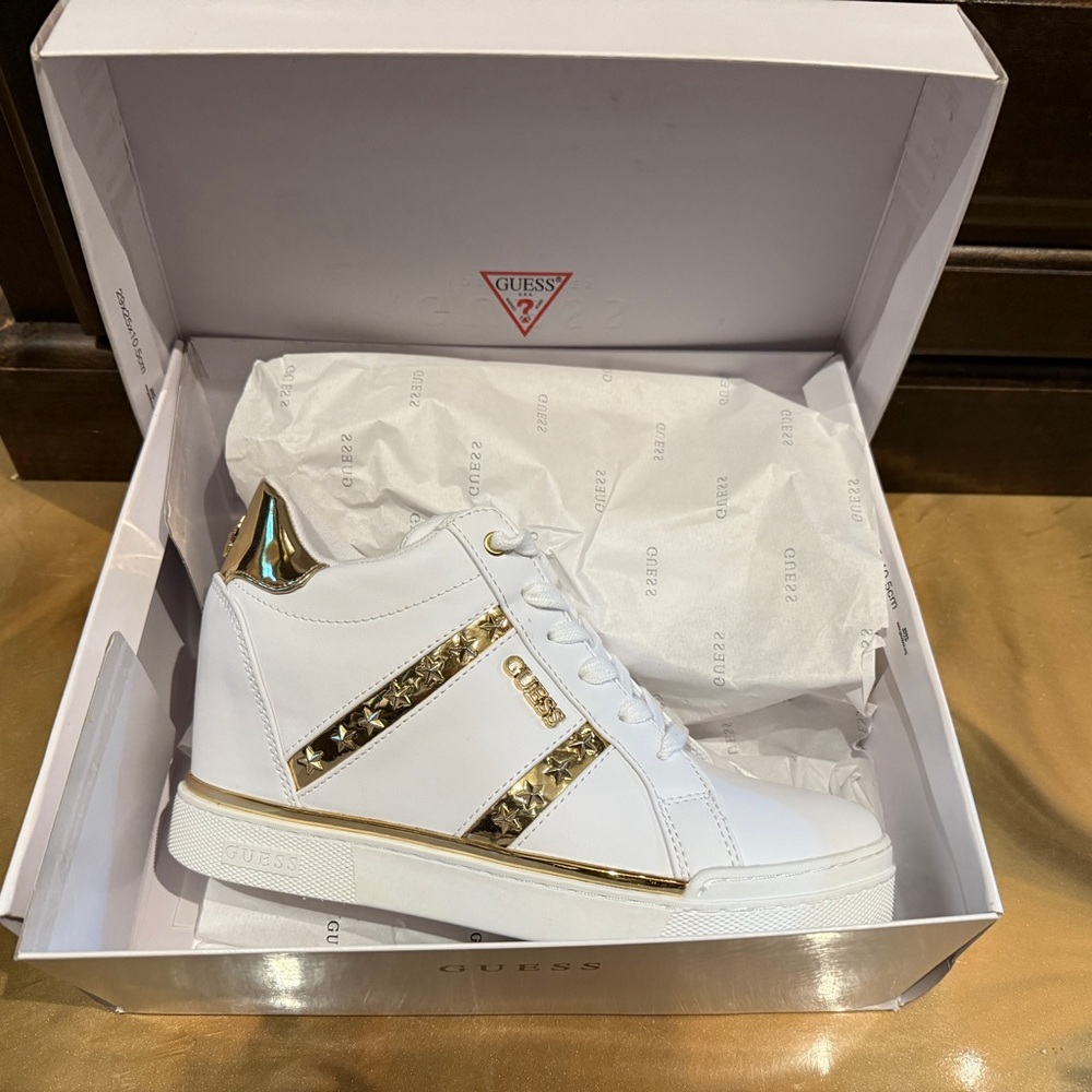 Guess White and Gold High-Top Sneakers